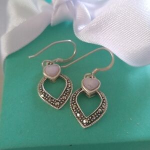 Vintage 925 Sterling Silver Moonstone + Marcasite Earrings
